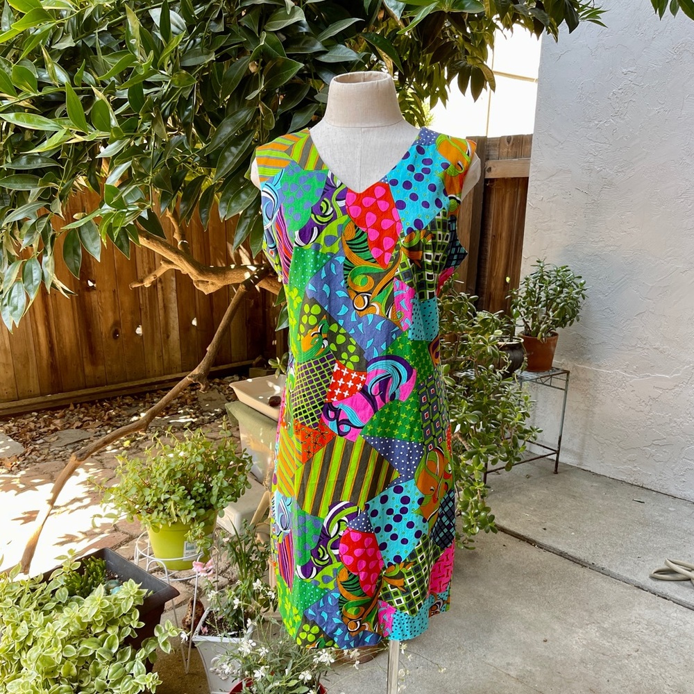 M L 60s MOD Day Shift Dress Circle Pop Art Cotton